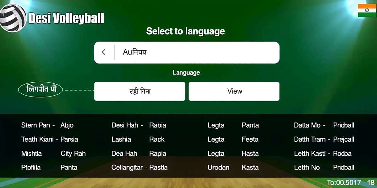 Desi Volleyball League interface showing language selection screen with various Indian languages