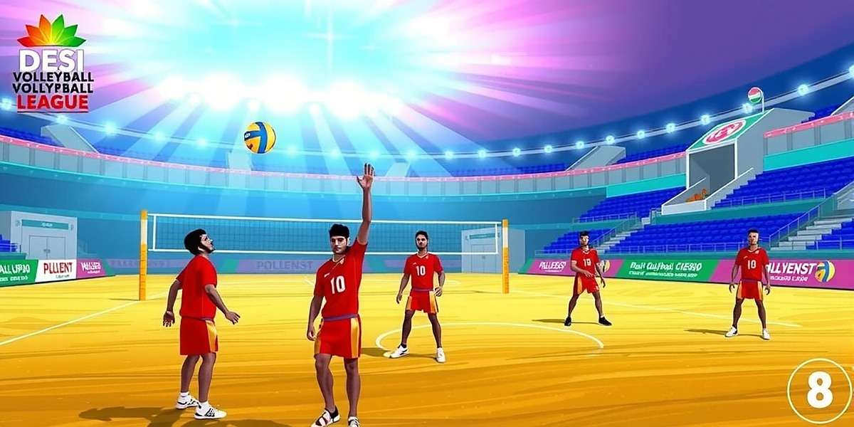 Desi Volleyball League game screenshot showing players in traditional Indian uniforms competing in a vibrant stadium